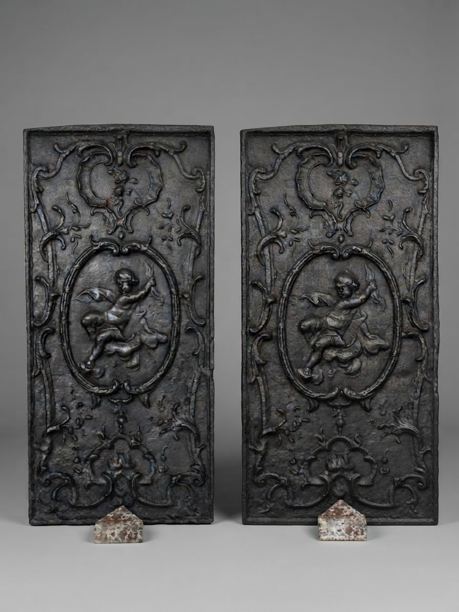 Paire de plaques de cheminée en fonte à décor de chérubins XIXeme – Image 2