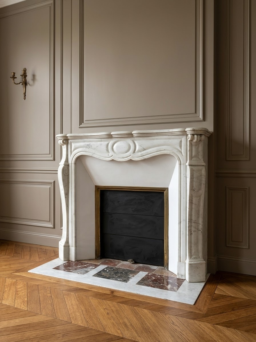 Cheminée ancienne en marbre de Carrare blanc datant de la fin XIXème dite Pompadour a pieds Louis XV – Image 2